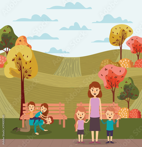 Mother father daughter son bench and trees vector design © grgroup