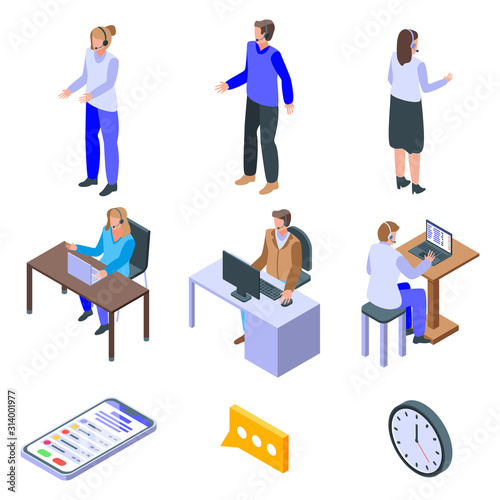 Call center employees icons set. Isometric set of call center employees vector icons for web design isolated on white background