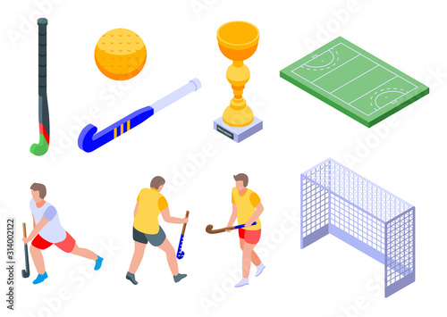 Field hockey icons set. Isometric set of field hockey vector icons for web design isolated on white background