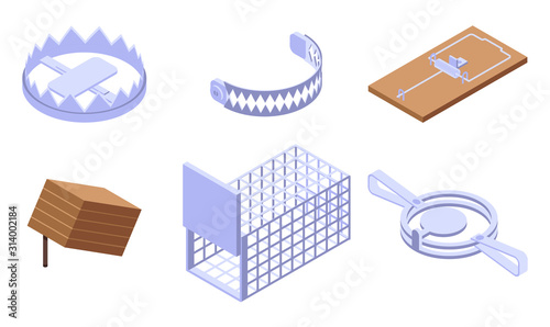Trap icons set. Isometric set of trap vector icons for web design isolated on white background