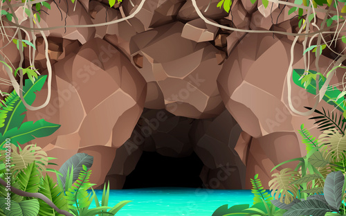 landcape of the cave at the river in the jungle
