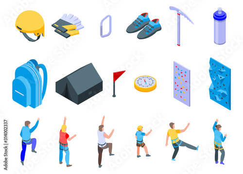 Sport climbing icons set. Isometric set of sport climbing vector icons for web design isolated on white background