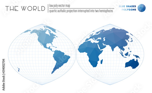 Low poly design of the world. Quartic authalic projection interrupted into two hemispheres of the world. Blue Shades colored polygons. Amazing vector illustration.