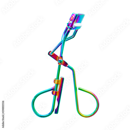 Beautiful holographic eyelash curler on a white background. Isolated. Makeup tool. Cosmetic products for the beauty industry. For design and online store.