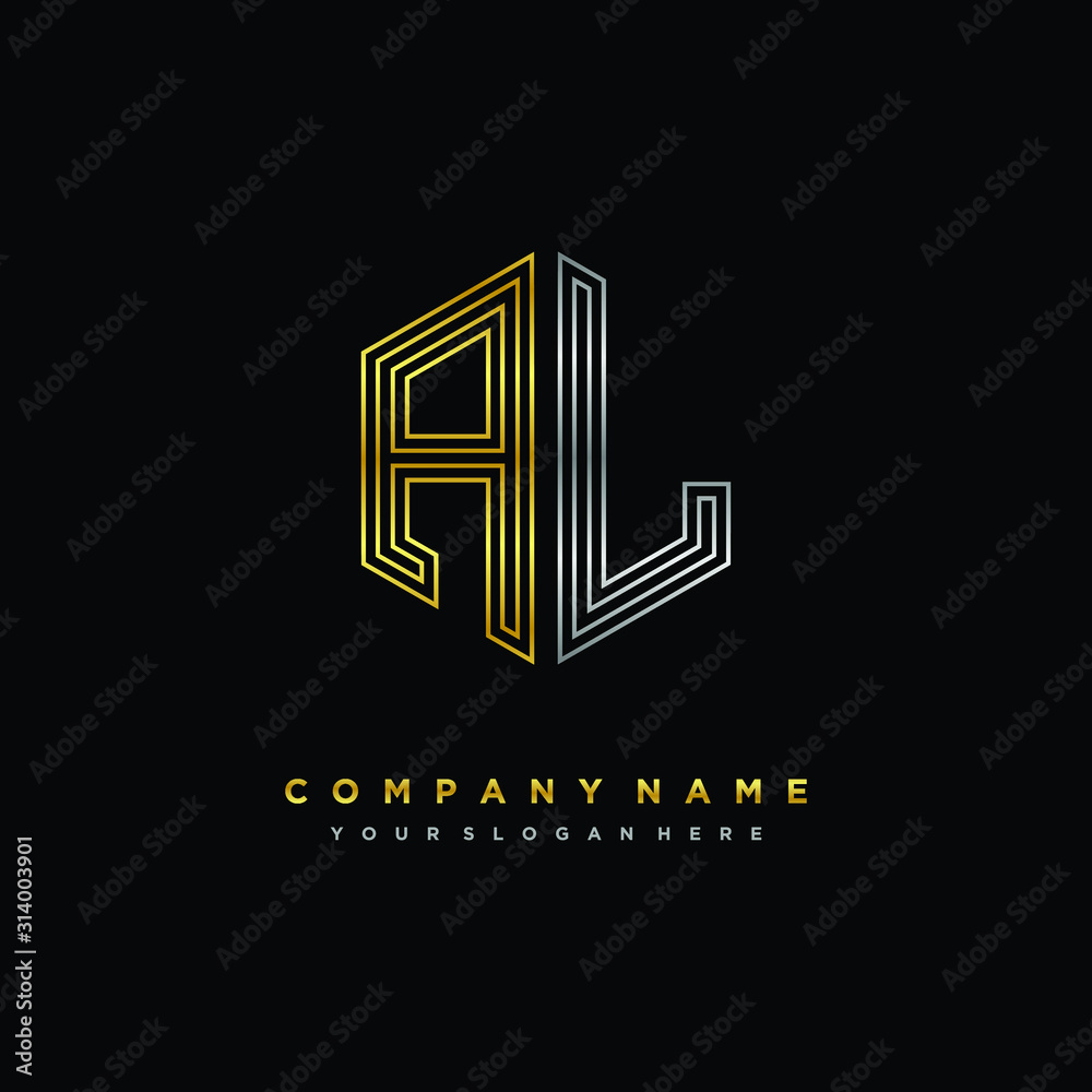 Initial letter AL, minimalist line art monogram hexagon logo, gold and silver color gradation