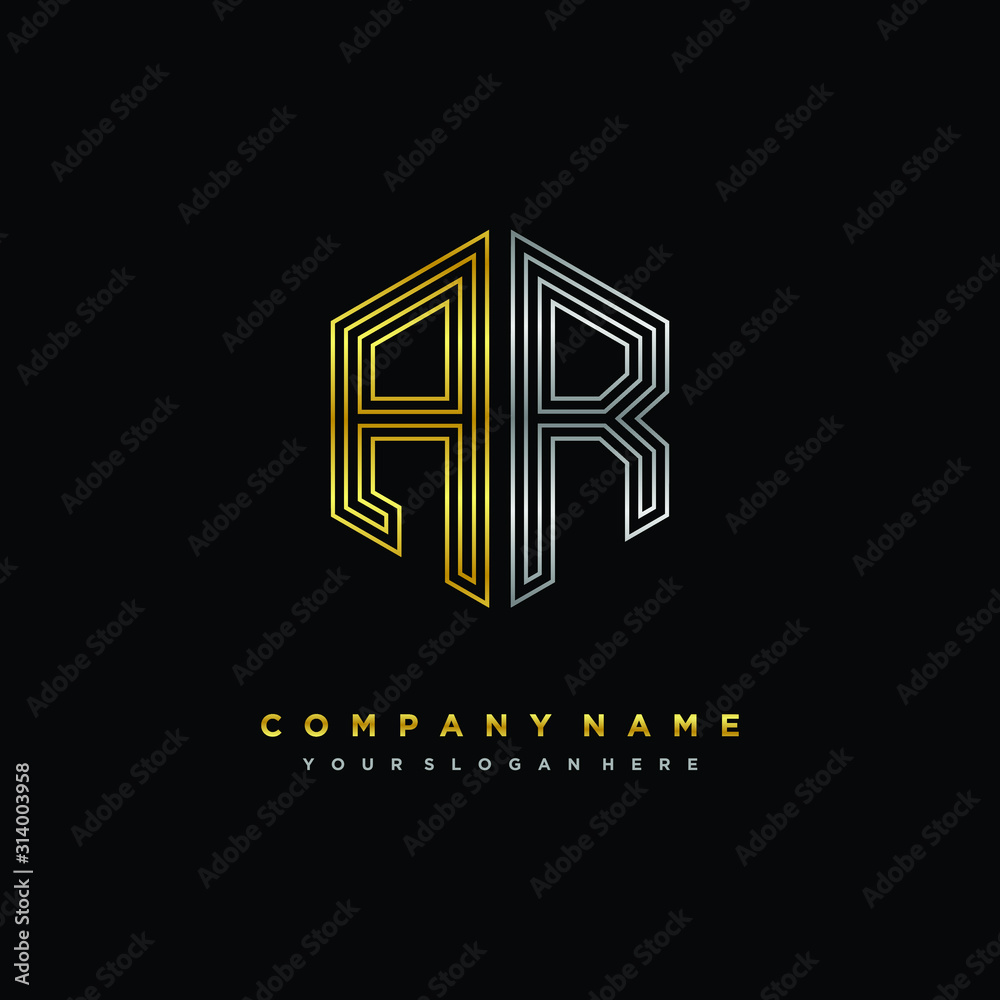 Initial letter AR, minimalist line art monogram hexagon logo, gold and silver color gradation