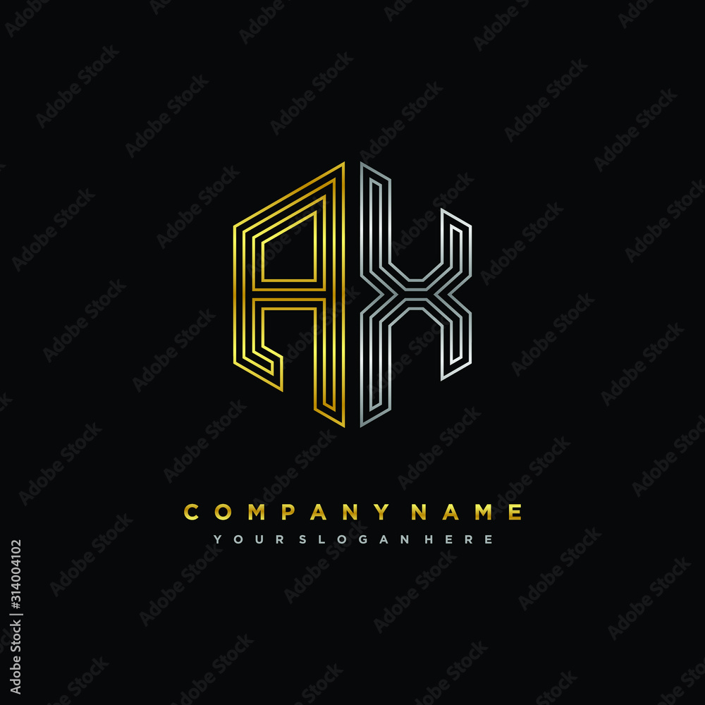 Initial letter AX, minimalist line art monogram hexagon logo, gold and silver color gradation