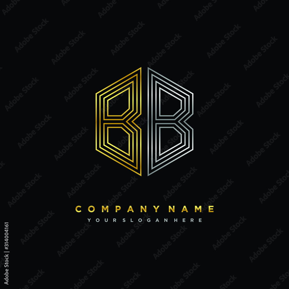 Initial letter BB, minimalist line art monogram hexagon logo, gold and silver color gradation Initial letter BB, minimalist line art monogram hexagon logo, gold and silver color gradation