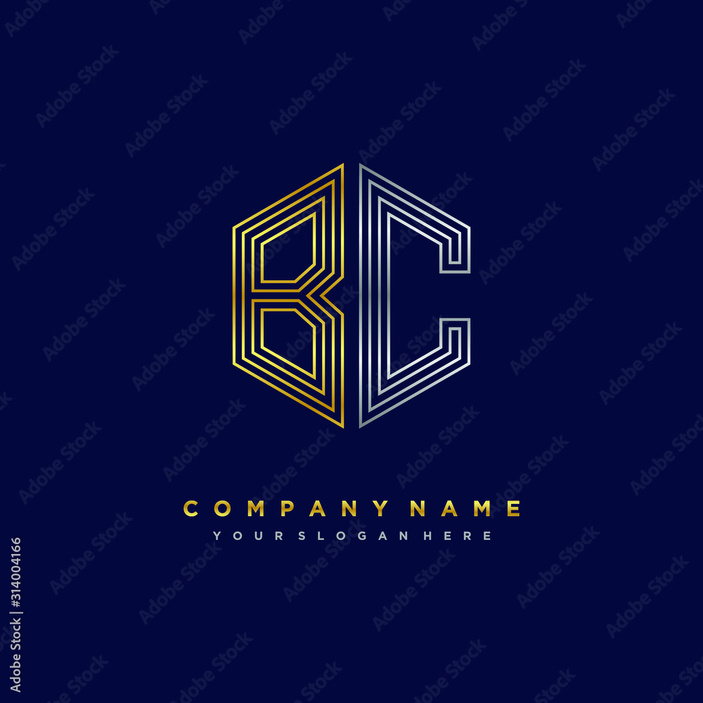 Initial letter BC, minimalist line art monogram hexagon logo, gold and silver color gradation Initial letter BC, minimalist line art monogram hexagon logo, gold and silver color gradation