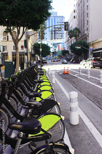 Los Angeles, California, USA. January 2, 2020. Bicycle parking in downtown Los Angeles next to the road. Bicycles for rent.