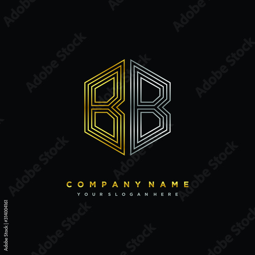 Initial letter BB, minimalist line art monogram hexagon logo, gold and silver color gradation