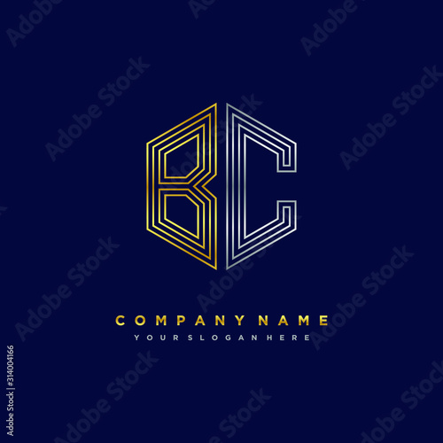 Initial letter BC, minimalist line art monogram hexagon logo, gold and silver color gradation