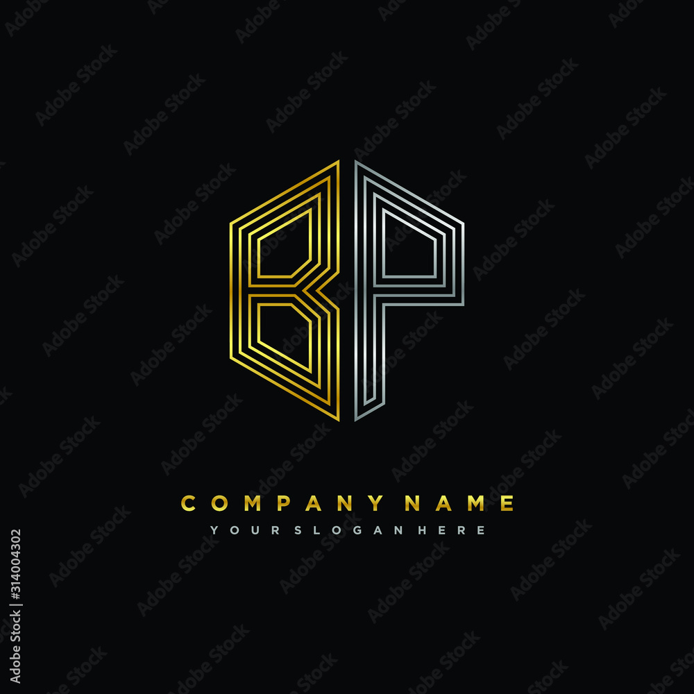 Initial letter BP, minimalist line art monogram hexagon logo, gold and silver color gradation Initial letter BP, minimalist line art monogram hexagon logo, gold and silver color gradation