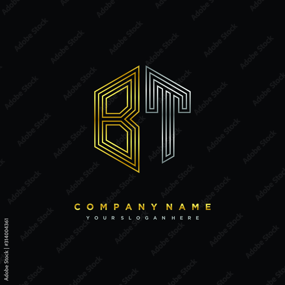 Initial letter BT, minimalist line art monogram hexagon logo, gold and silver color gradation Initial letter BT, minimalist line art monogram hexagon logo, gold and silver color gradation