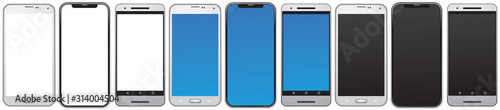 Smart phone, same types of the smartphones, mobile phones isolated with blank, blue and black screens vector illustration for the design or cell phone mockup    photo