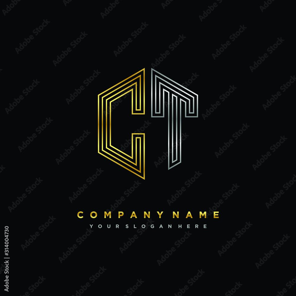 Initial letter CT, minimalist line art monogram hexagon logo, gold and silver color gradation Initial letter CT, minimalist line art monogram hexagon logo, gold and silver color gradation