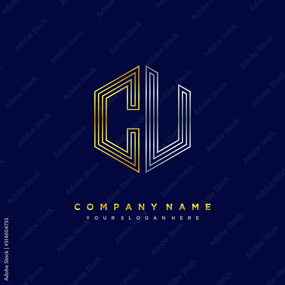 Initial letter CU, minimalist line art monogram hexagon logo, gold and silver color gradation Initial letter CU, minimalist line art monogram hexagon logo, gold and silver color gradation