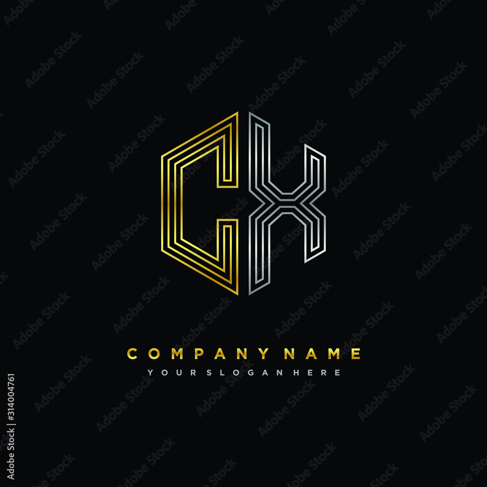 Initial letter CX, minimalist line art monogram hexagon logo, gold and silver color gradation Initial letter CX, minimalist line art monogram hexagon logo, gold and silver color gradation