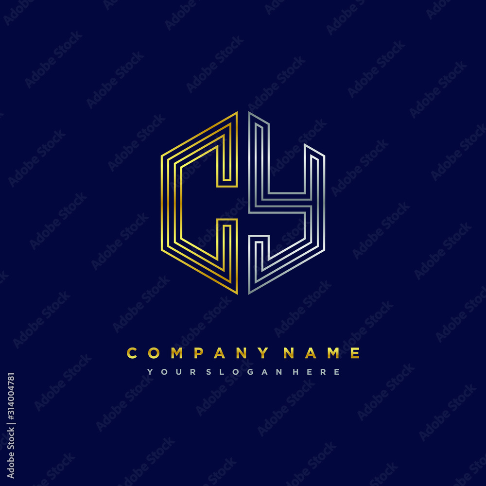 Initial letter CY, minimalist line art monogram hexagon logo, gold and silver color gradation Initial letter CY, minimalist line art monogram hexagon logo, gold and silver color gradation
