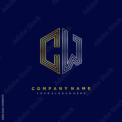 Initial letter CW, minimalist line art monogram hexagon logo, gold and silver color gradation