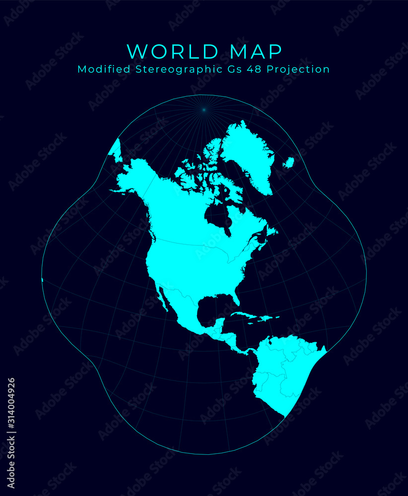 Map of The World. Modified stereographic projection for the conterminous United States. Futuristic Infographic world illustration. Bright cyan colors on dark background. Appealing vector illustration.