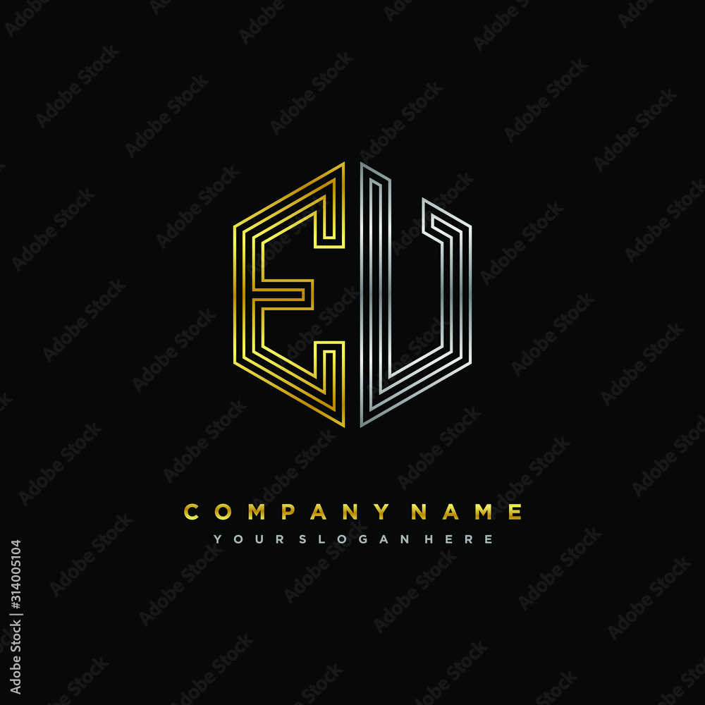 Initial letter EV, minimalist line art monogram hexagon logo, gold and silver color gradation Initial letter EV, minimalist line art monogram hexagon logo, gold and silver color gradation