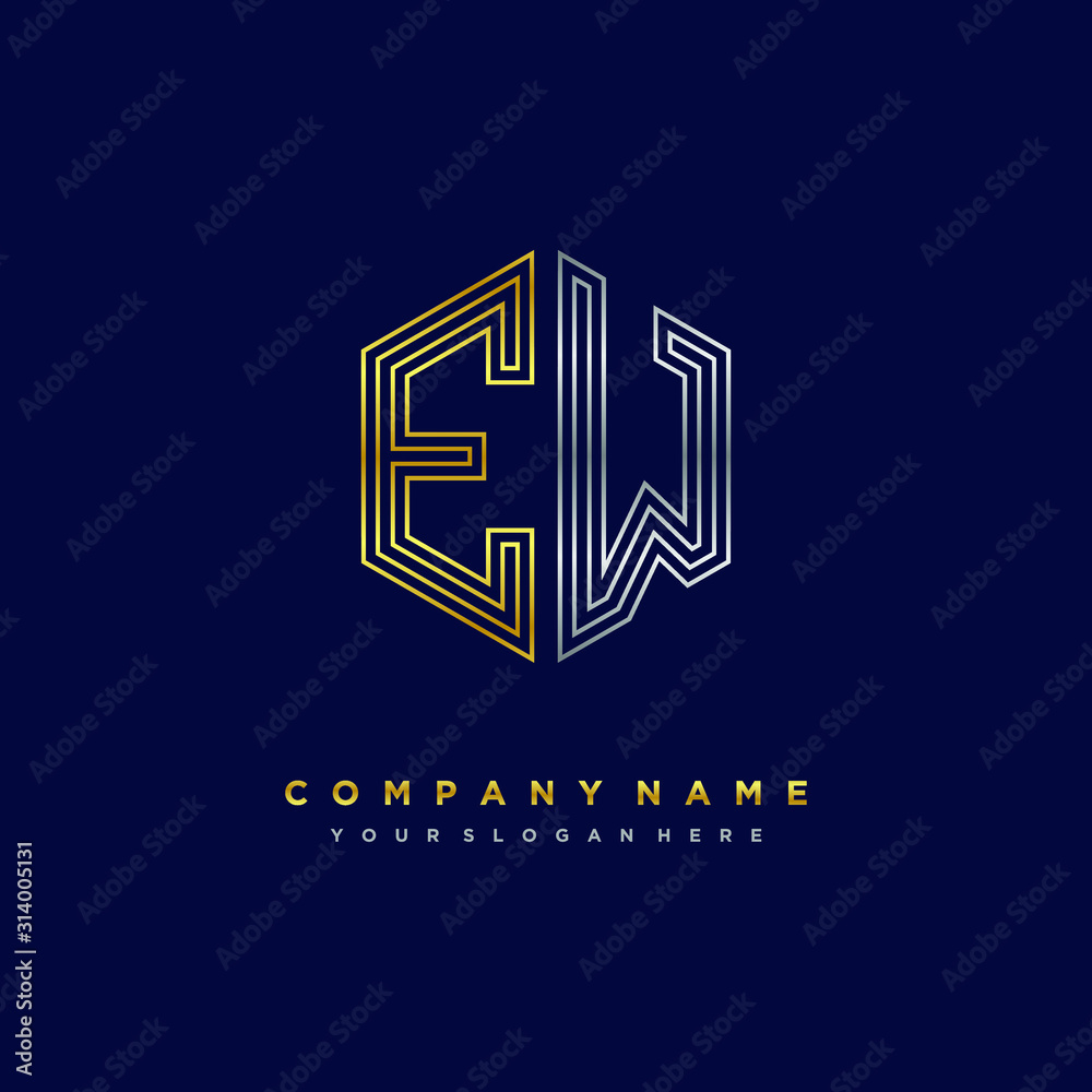 Initial letter EW, minimalist line art monogram hexagon logo, gold and silver color gradation