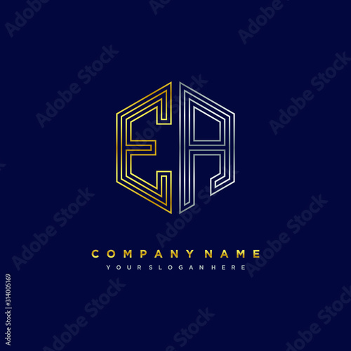 Initial letter EA, minimalist line art monogram hexagon logo, gold and silver color gradation