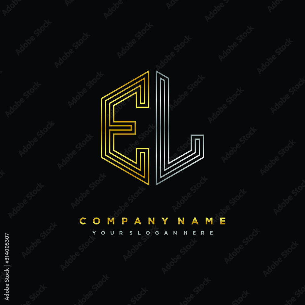 Initial letter EL, minimalist line art monogram hexagon logo, gold and silver color gradation Initial letter EL, minimalist line art monogram hexagon logo, gold and silver color gradation