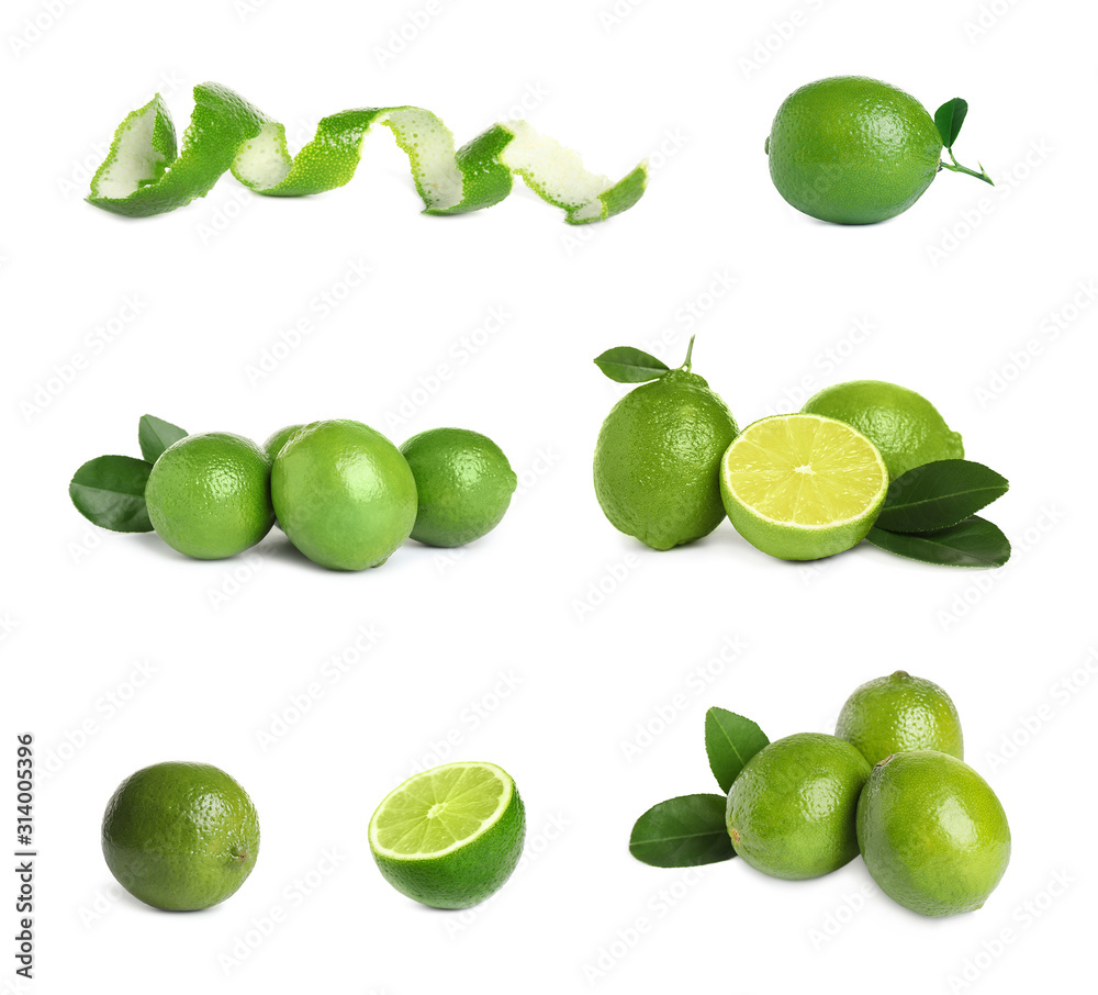 Set of fresh ripe limes on white background Set of fresh ripe limes on white background