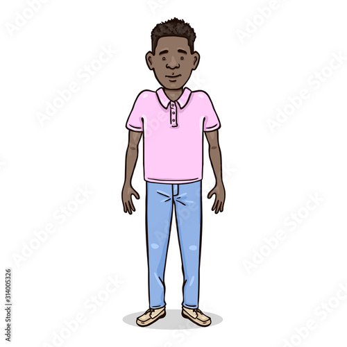 Vector Cartoon Color Character - Young Afroamerican Man in Jeans and Pink Shirt.