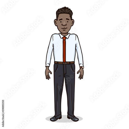 Vector Cartoon Character - Afro American Man in White Shirt with Red Necktie