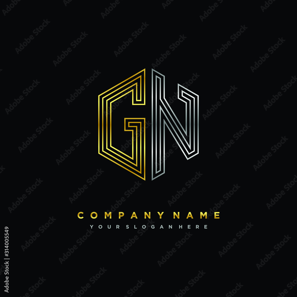 Initial letter GN, minimalist line art monogram hexagon logo, gold and silver color gradation Initial letter GN, minimalist line art monogram hexagon logo, gold and silver color gradation