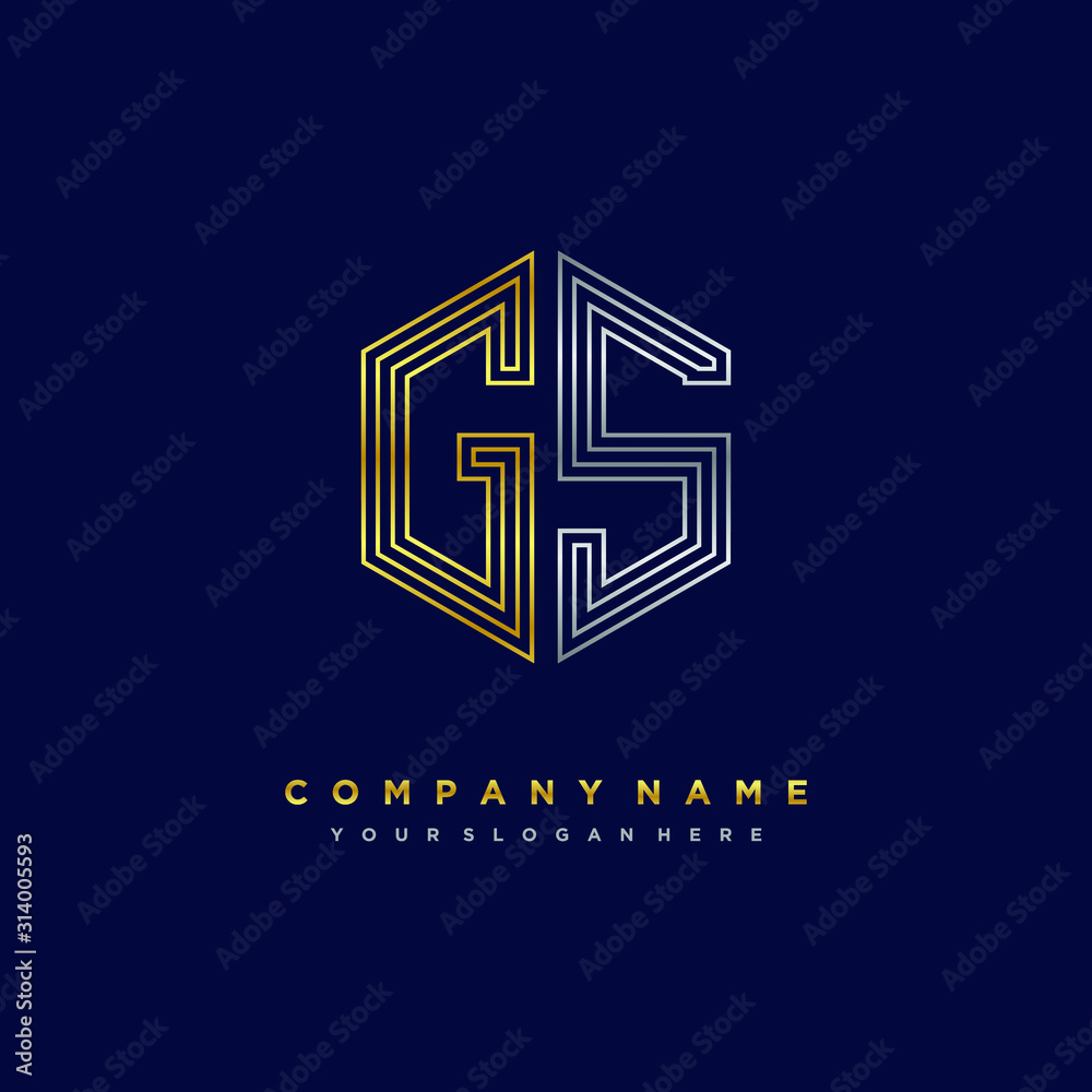 Initial letter GS, minimalist line art monogram hexagon logo, gold and silver color gradation Initial letter GS, minimalist line art monogram hexagon logo, gold and silver color gradation