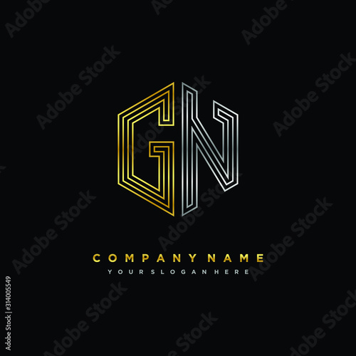 Initial letter GN, minimalist line art monogram hexagon logo, gold and silver color gradation