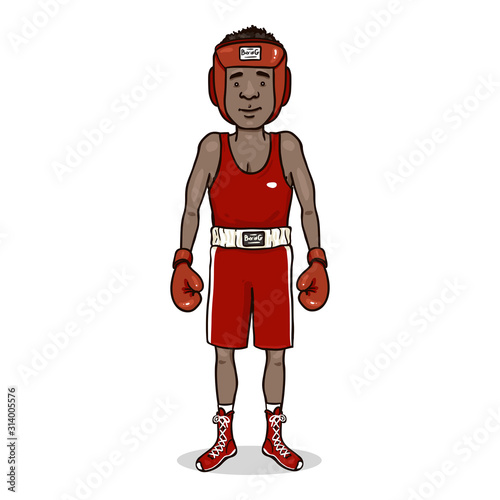 Vector Cartoon Character Young African Man in Red Boxing Equipment