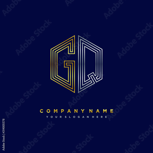 Initial letter GQ  minimalist line art monogram hexagon logo  gold and silver color gradation