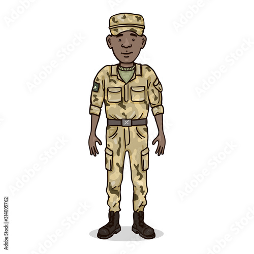 Vector Cartoon Young Afroamerican Man in Military Uniform.