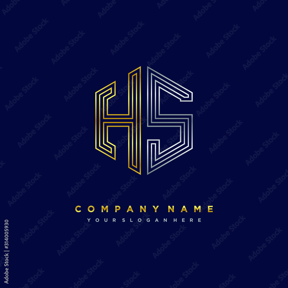 Initial letter HS, minimalist line art monogram hexagon logo, gold and silver color gradation