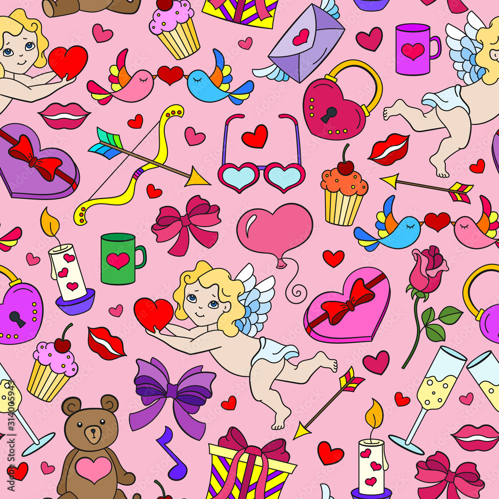 Seamless pattern on the theme of the holiday Valentine's Day, bright cartoon icons on a pink background
