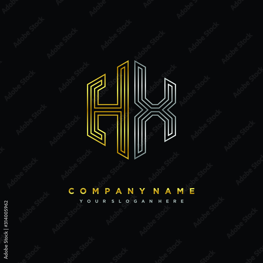 Initial letter HX, minimalist line art monogram hexagon logo, gold and silver color gradation Initial letter HX, minimalist line art monogram hexagon logo, gold and silver color gradation