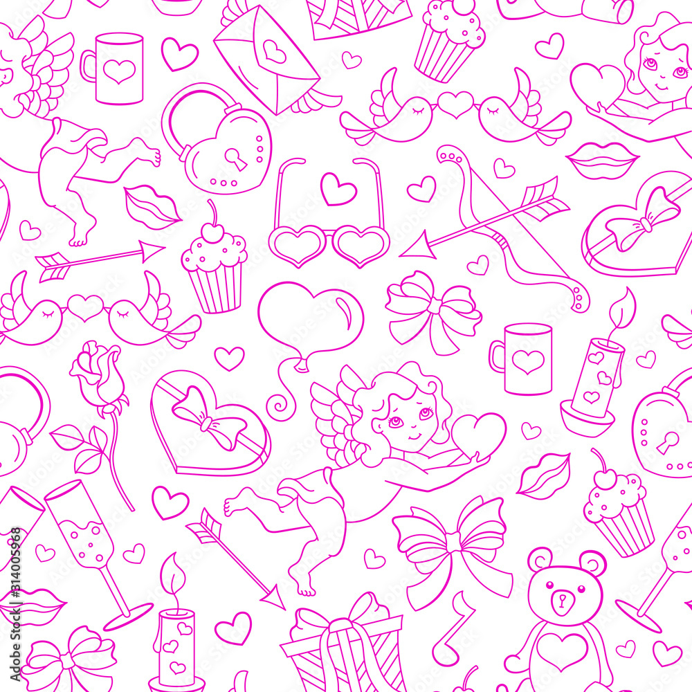 Seamless pattern on the theme of the Valentine's Day holiday, pink contour icons on white background