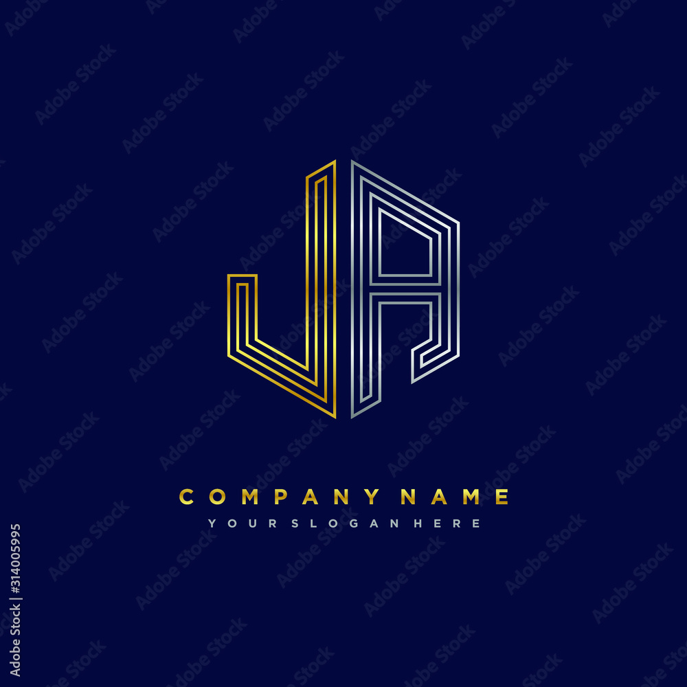 Initial letter JA, minimalist line art monogram hexagon logo, gold and silver color gradation