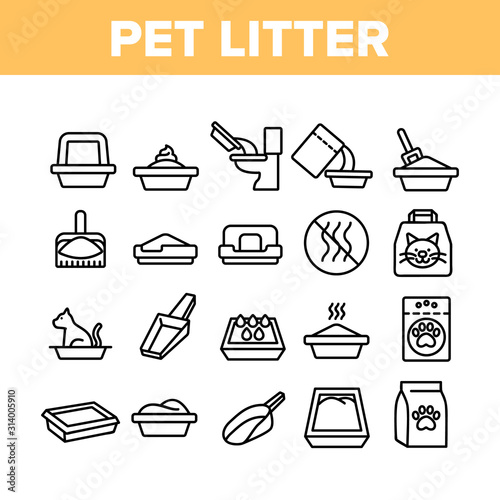 Pet Litter Accessory Collection Icons Set Vector Thin Line. Cat In Pet Litter, Animal Footprint On Bag With Granules, Scoop Concept Linear Pictograms. Monochrome Contour Illustrations
