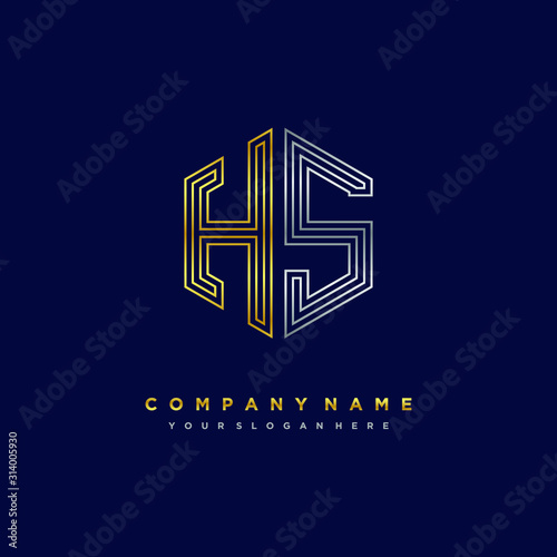 Initial letter HS, minimalist line art monogram hexagon logo, gold and silver color gradation