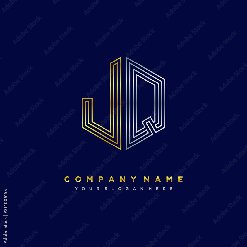 Initial letter JQ, minimalist line art monogram hexagon logo, gold and silver color gradation Initial letter JQ, minimalist line art monogram hexagon logo, gold and silver color gradation