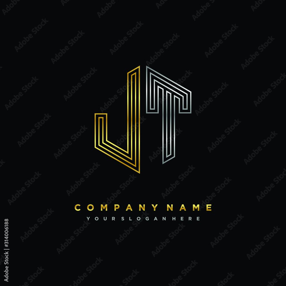 Initial letter JT, minimalist line art monogram hexagon logo, gold and silver color gradation Initial letter JT, minimalist line art monogram hexagon logo, gold and silver color gradation