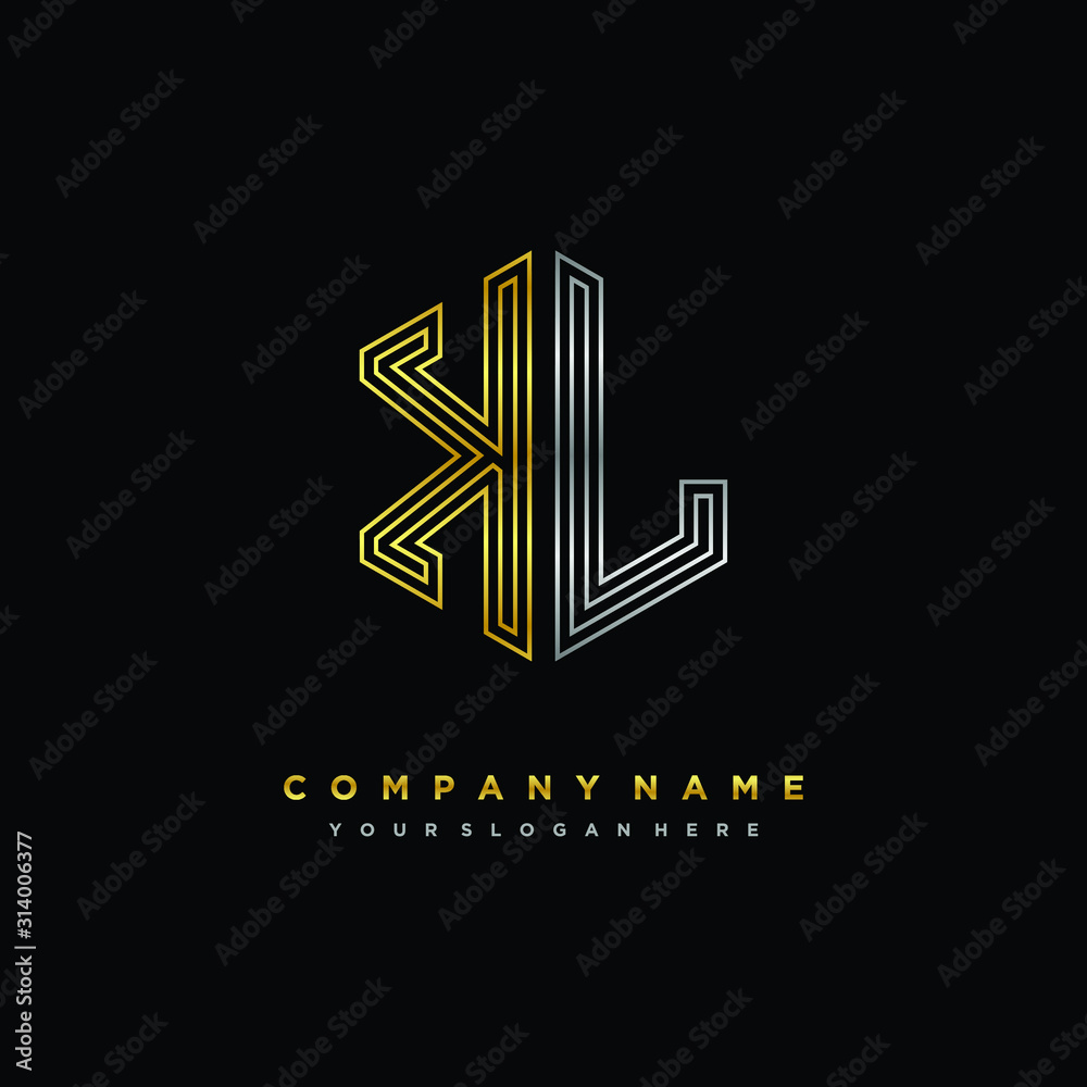 Initial letter KL, minimalist line art monogram hexagon logo, gold and silver color gradation