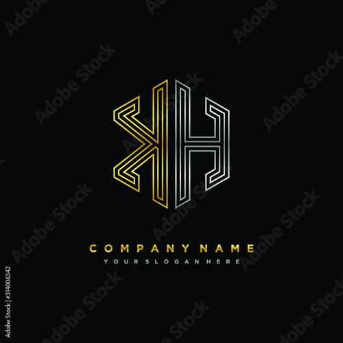 Initial letter KH  minimalist line art monogram hexagon logo  gold and silver color gradation