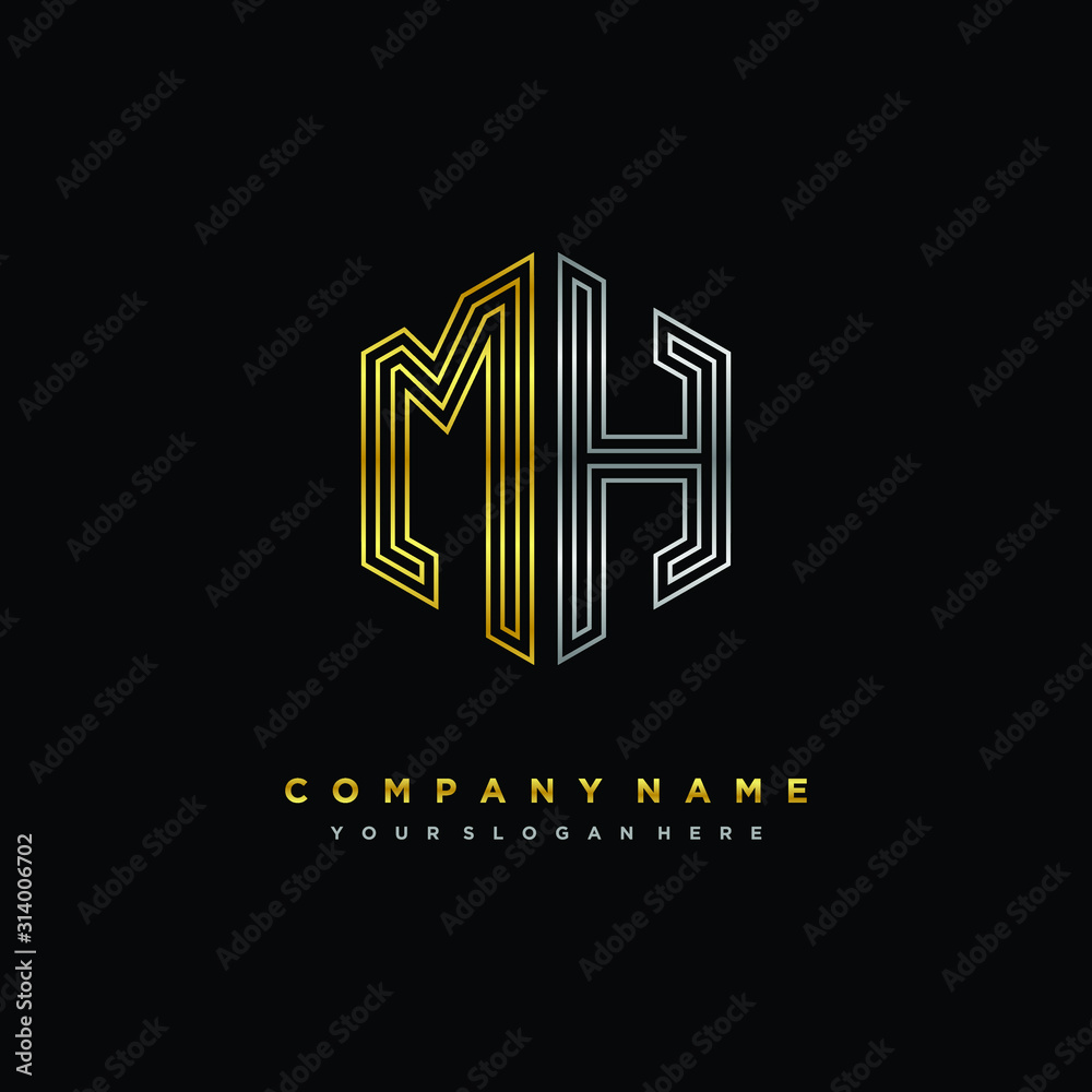 Initial letter MH, minimalist line art monogram hexagon logo, gold and silver color gradation Initial letter MH, minimalist line art monogram hexagon logo, gold and silver color gradation